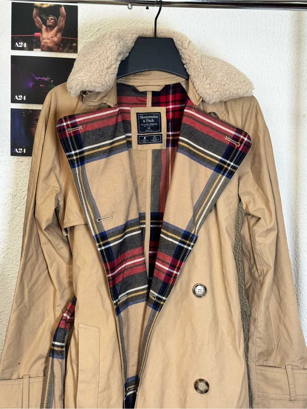 Abercrombie & Fitch Plaid Lined Trench Coat With Sherpa Collar